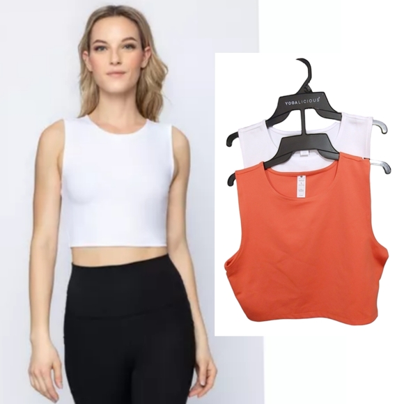 Yogalicious 2 Pc White Apricot Orange Nicki Muscle Crop Tank Tops Womens Size L - Picture 10 of 10